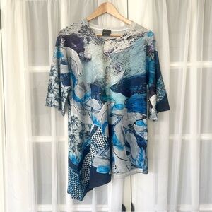 Inoah Knit Abstract Elbow/ 3/4 Sleeve Asymmetrical Hem Top Sz S